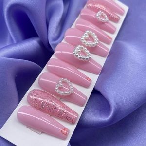Long Pink Handmade Press On Nails with heart charms 10pc